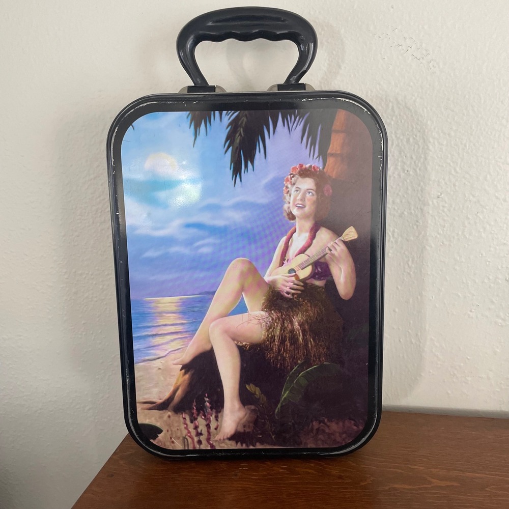 Vtg Hawaiian Girls Two Sided Vertical Tin Lunch‎ Box Accoutrement Hula Hawaii
